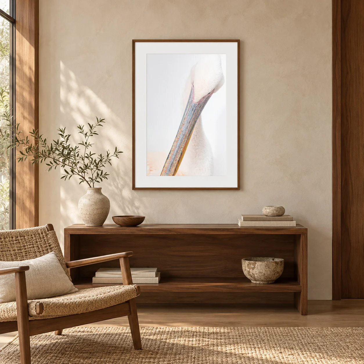 Illustrative mockup: 40 × 60 cm pelican photograph in a walnut frame above a low shelf in a plaster-and-walnut reading nook.