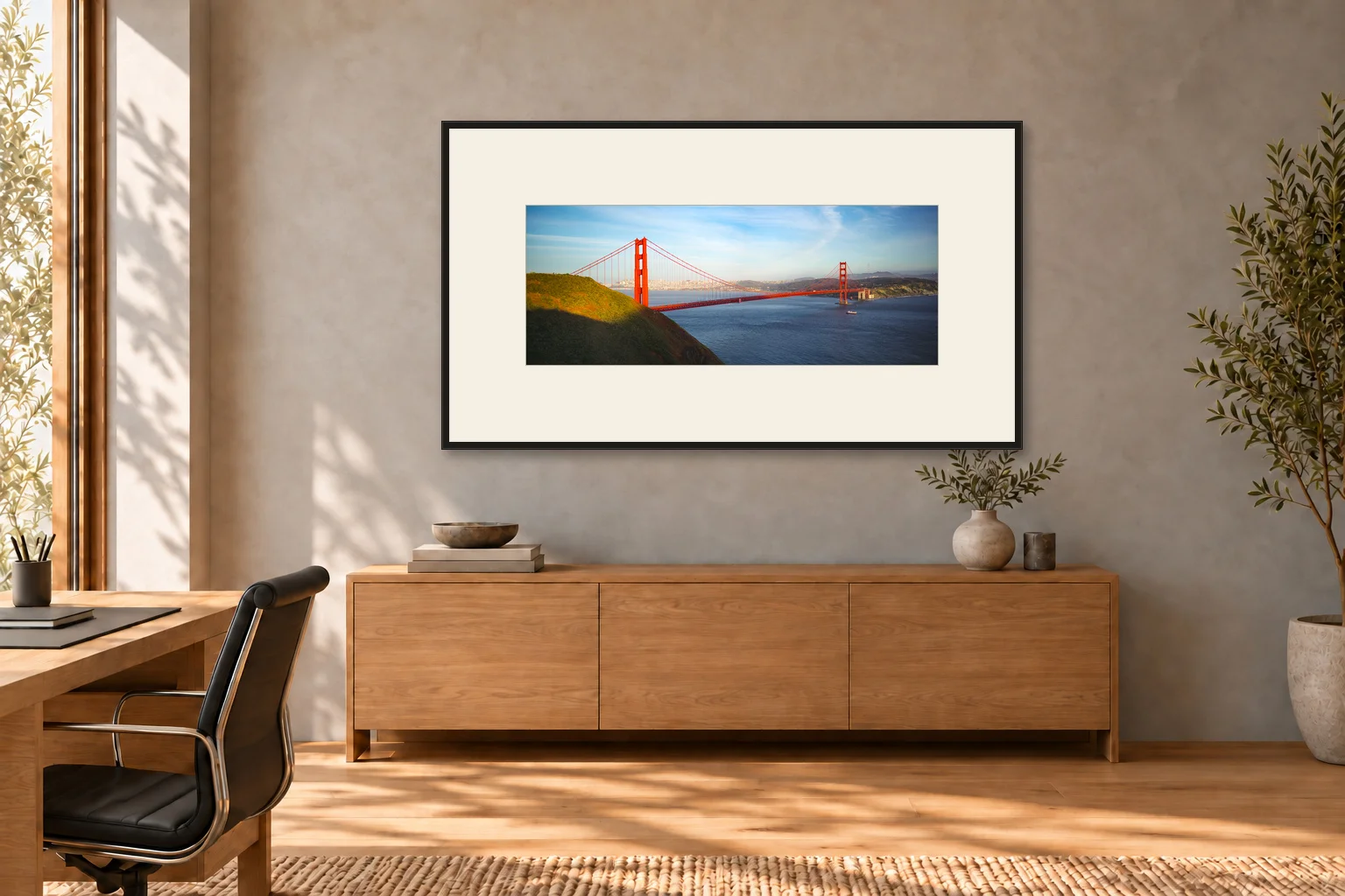 Illustrative mockup: original The Red Span photograph, 80 cm wide, with a warm-white mat and black frame centered above an oak credenza.