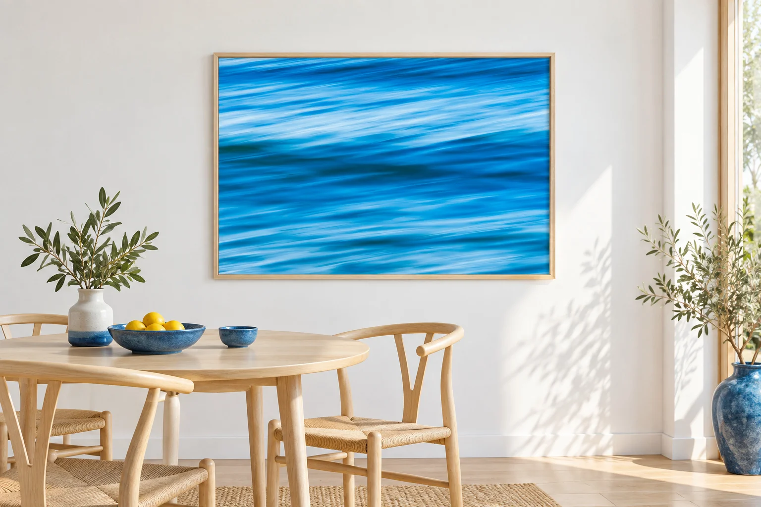 Illustrative mockup of The Shape of a Wave in a pale timber frame in a bright birch breakfast room.