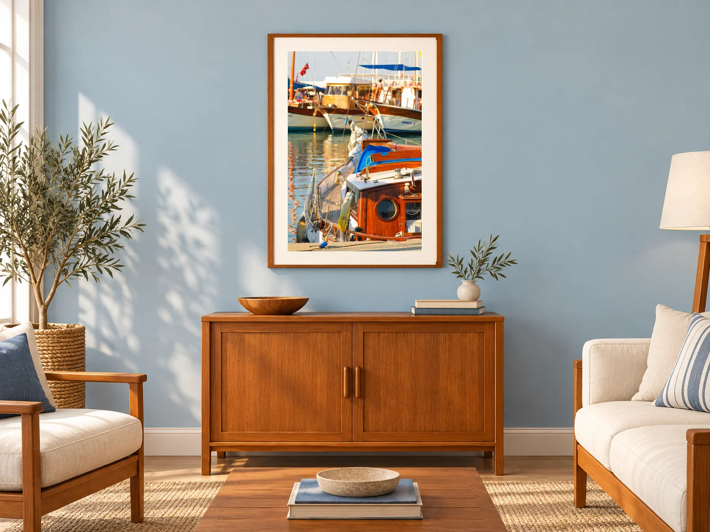 Illustrative interior mockup: original photograph Harbour in Honey Light in a teak frame in a nautical sitting room.