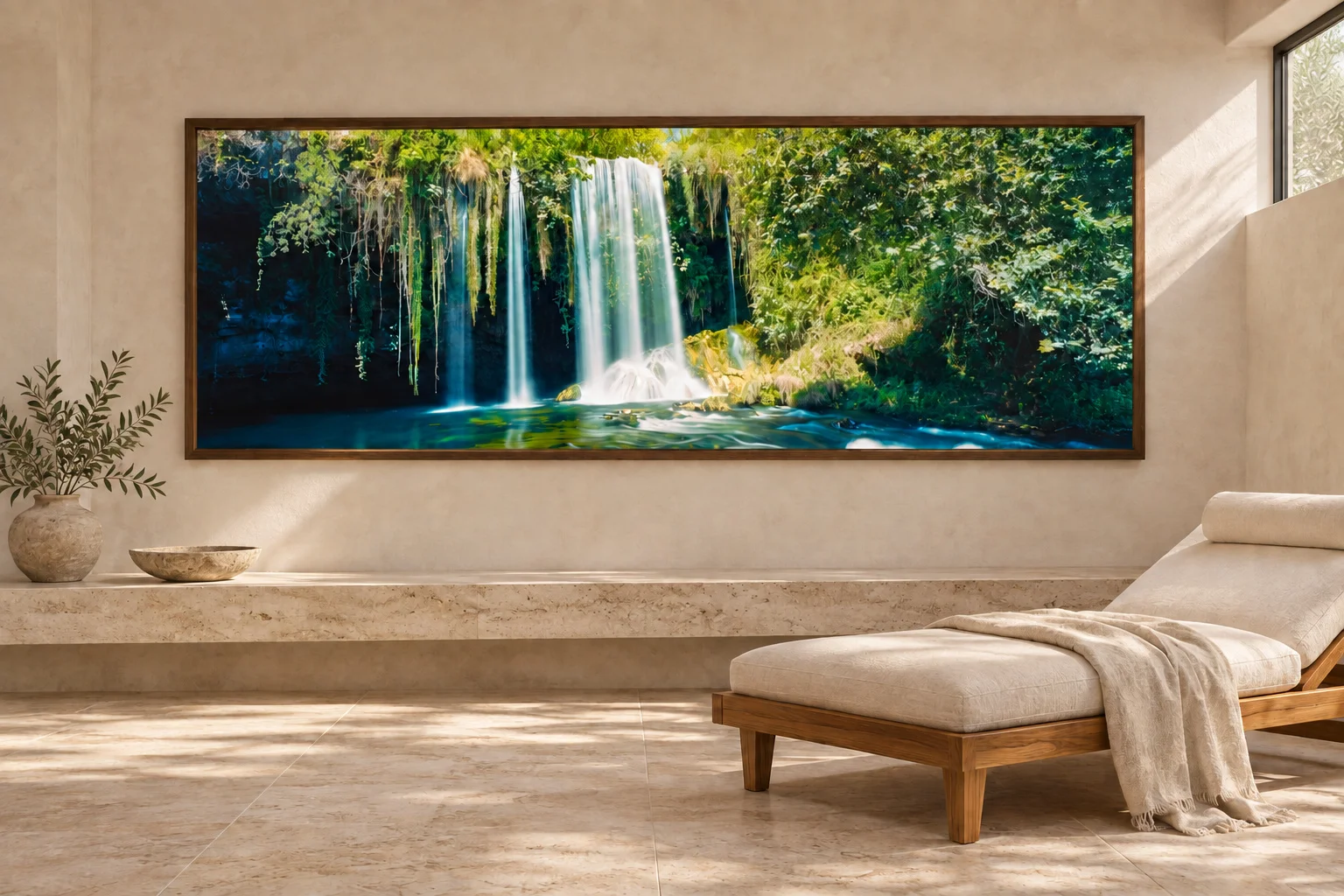Illustrative mockup of the cascade panorama in a dark oak frame in a spa lounge with travertine flooring and a teak chaise.