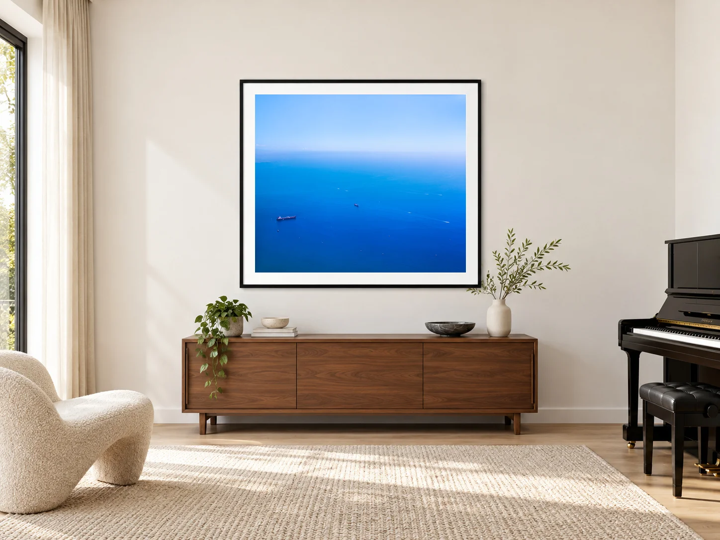 Illustrative interior mockup: original photograph Blue Without End in a black frame in a gallery-like music room.