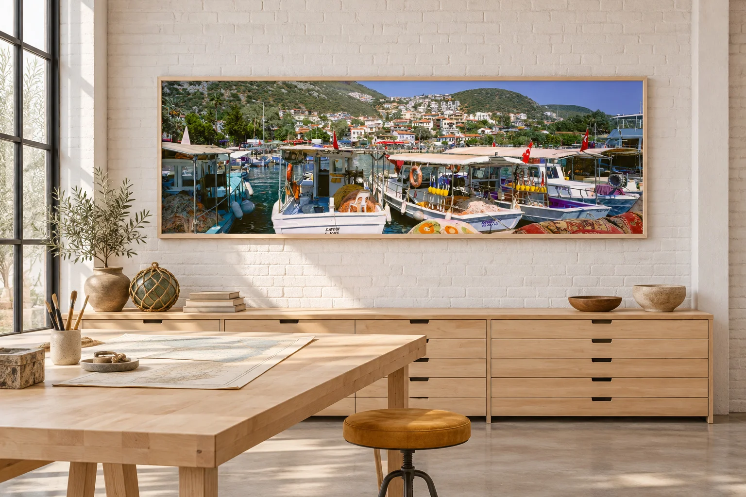 Illustrative mockup of Harbour Colours in a birch frame above a drawer cabinet in a white brick artist’s studio with concrete flooring.