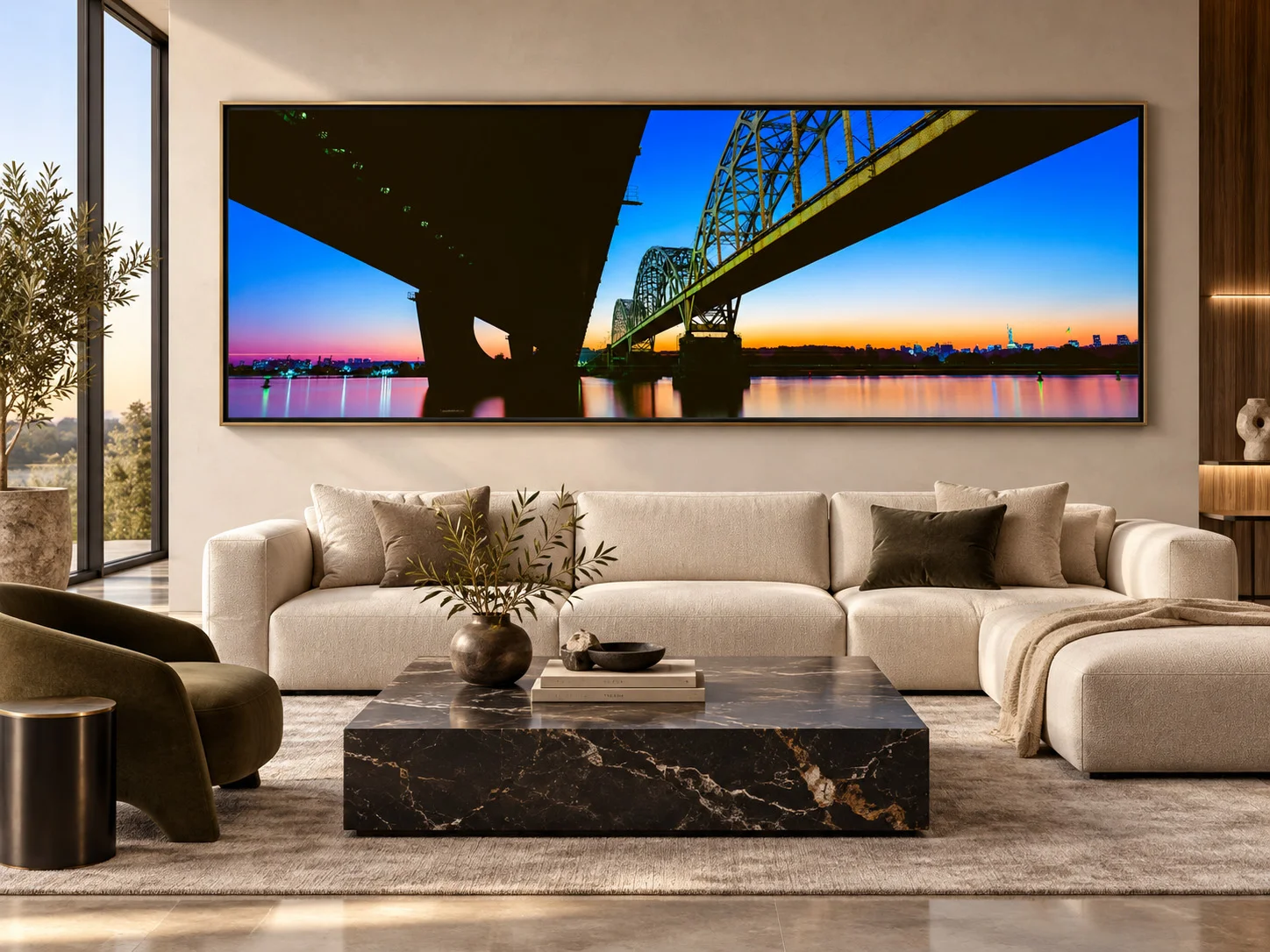 Large-format “Between Shores” panoramic fine art photograph displayed in a luxurious contemporary living room above a light-colored sofa.