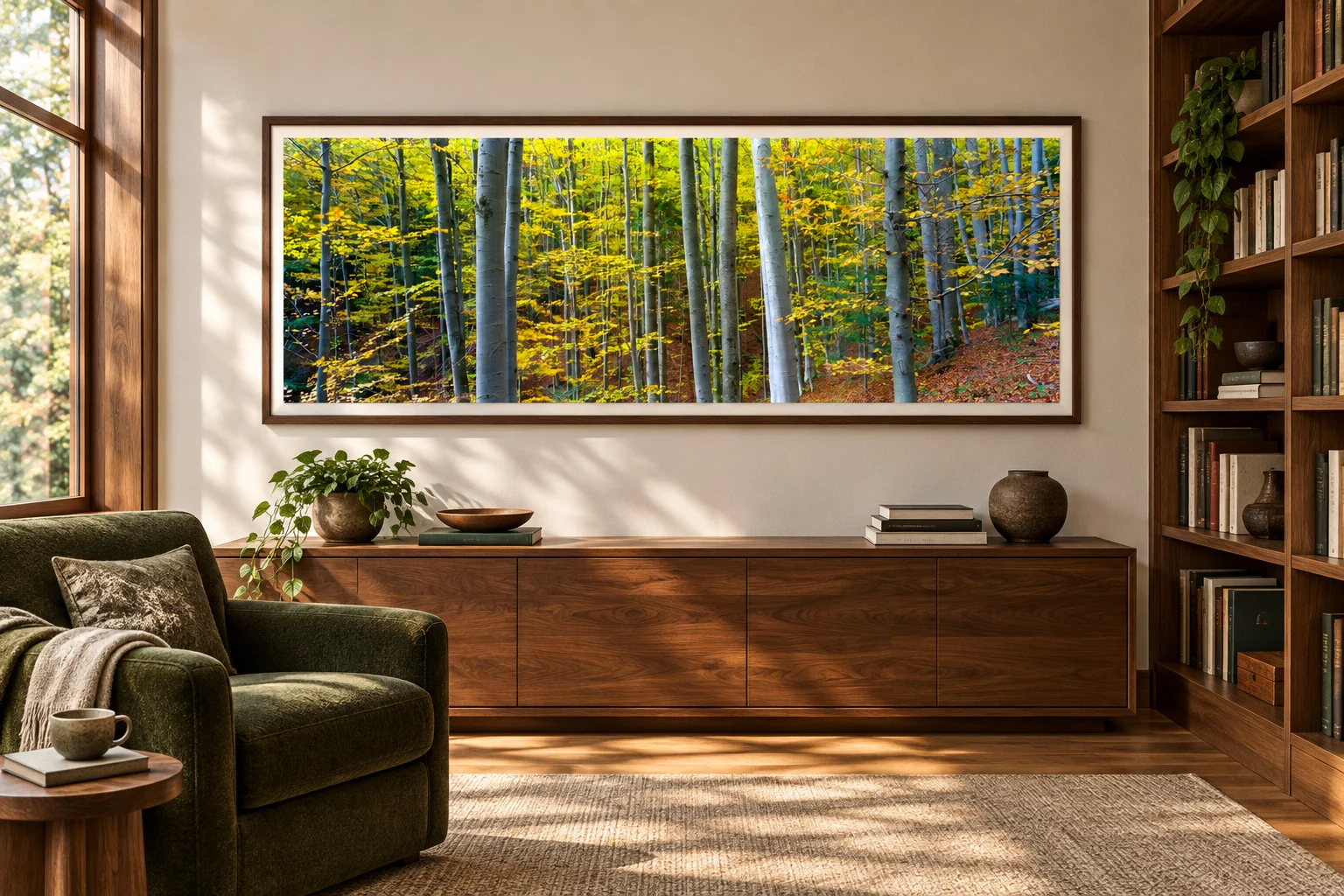 Illustrative mockup of the beech forest panorama in a walnut frame above a book cabinet in a timber library with a moss-green chair.
