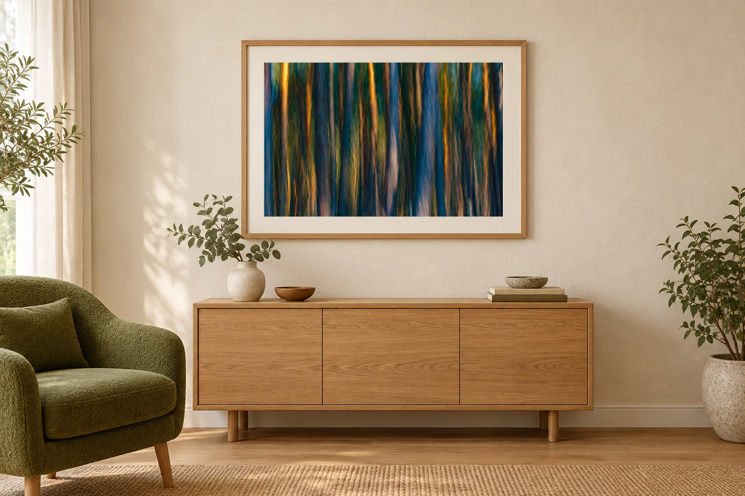 Illustrative mockup of Forest in Motion framed above an oak cabinet in a Scandinavian reading nook.