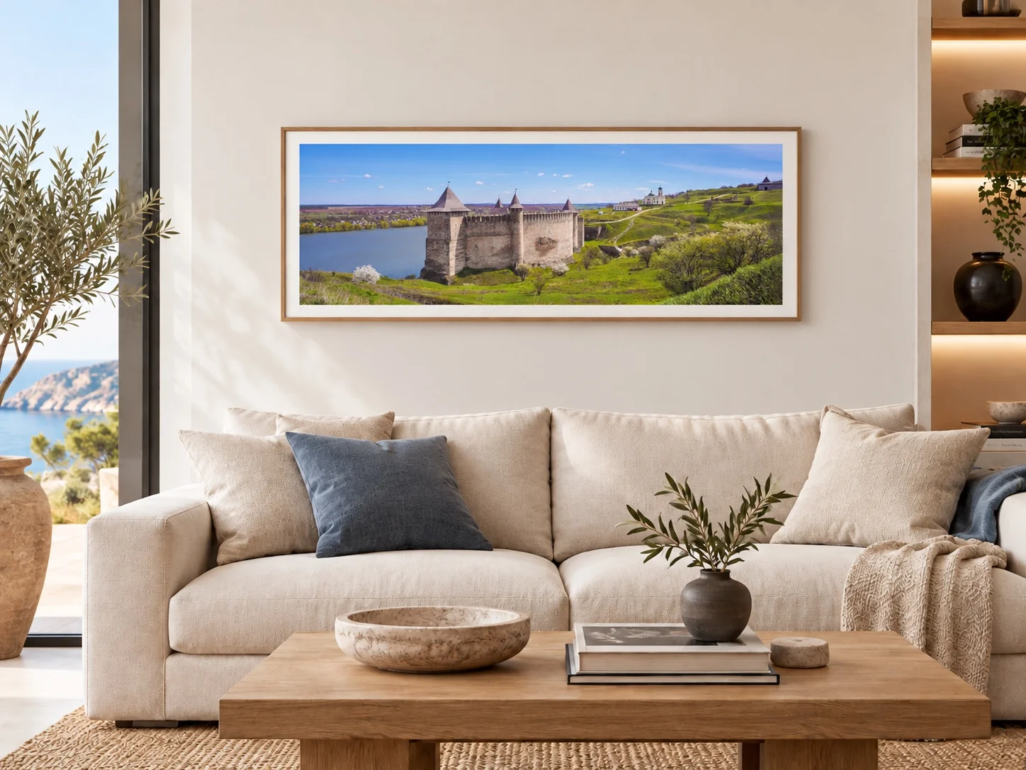 Illustrative mockup: The River Keeps Watch in a wooden frame with a light mat above a cream sofa in a coastal living room.