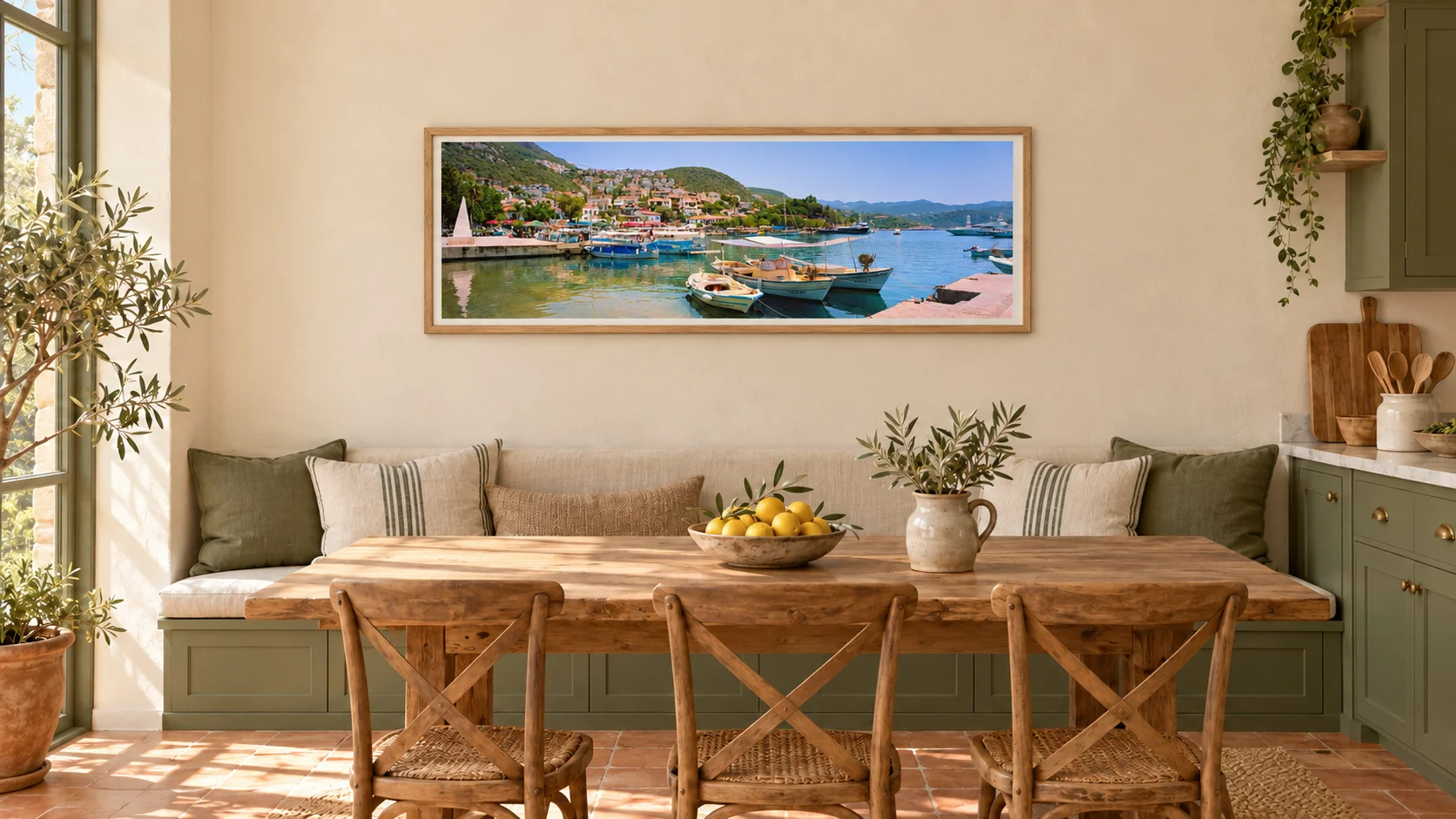 Illustrative generated mockup of “A Harbour at Ease” as a framed panorama in a Mediterranean kitchen dining area.