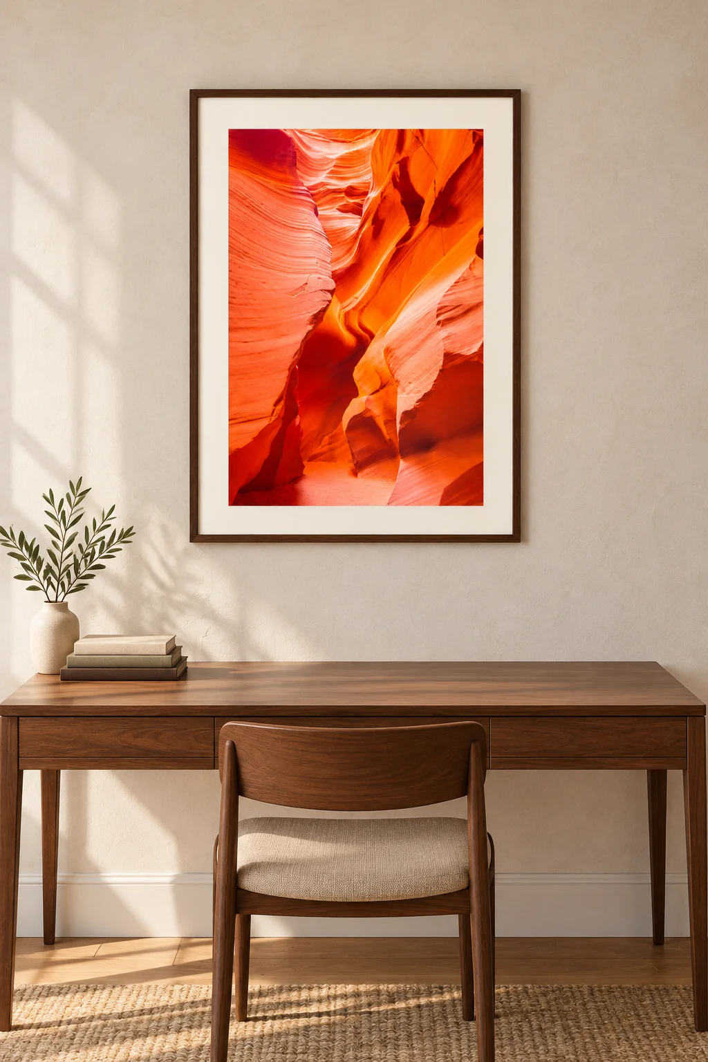 Illustrative mockup: Carved by Light, a 53.3 × 80 cm photograph with a warm-white mat and walnut frame above a walnut desk in a pale clay study.